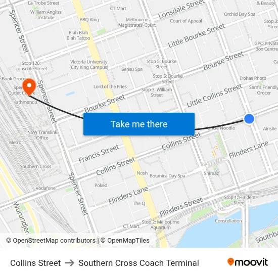 Collins Street to Southern Cross Coach Terminal map