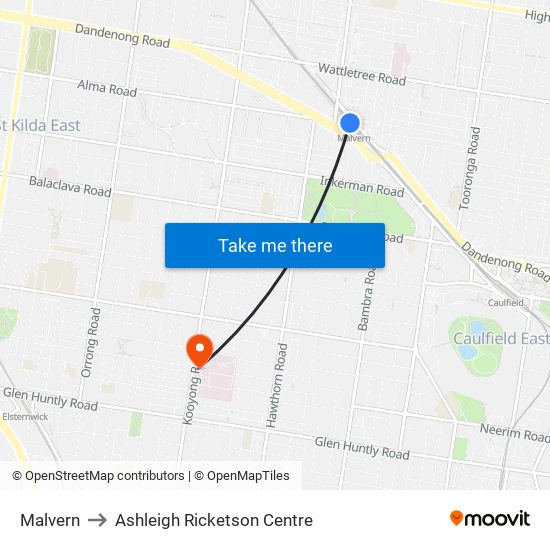 Malvern to Ashleigh Ricketson Centre map