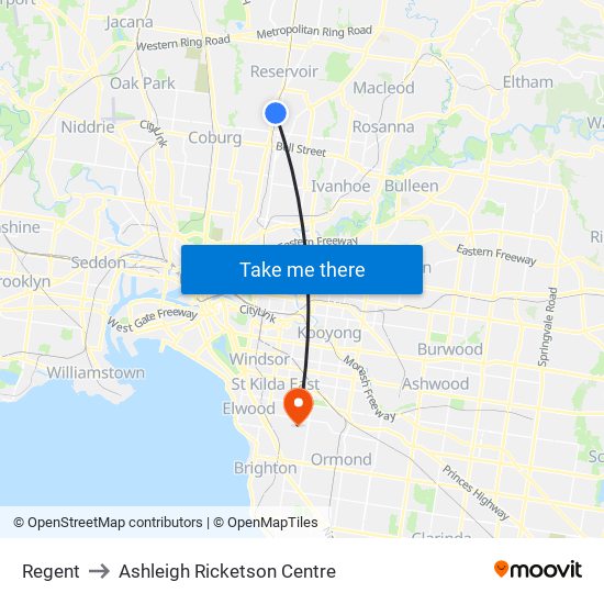 Regent to Ashleigh Ricketson Centre map