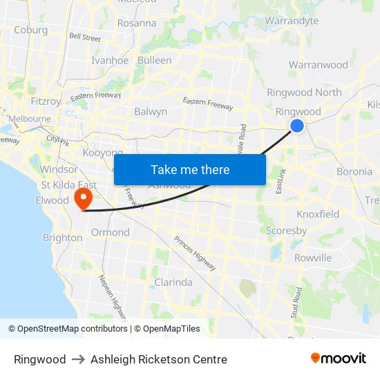 Ringwood to Ashleigh Ricketson Centre map