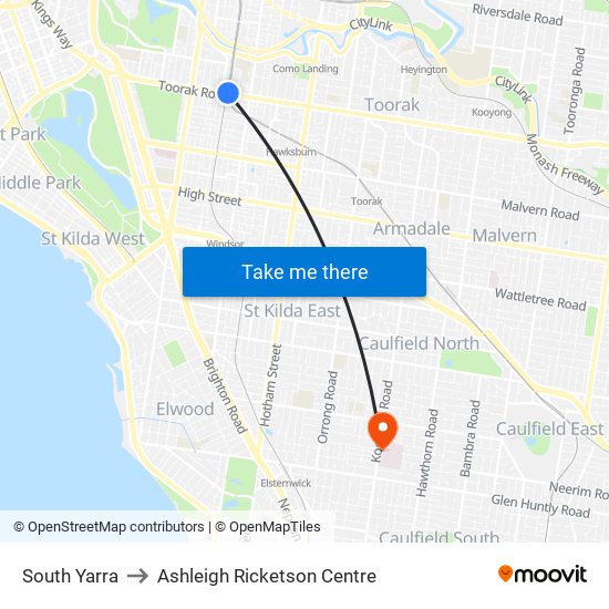 South Yarra to Ashleigh Ricketson Centre map