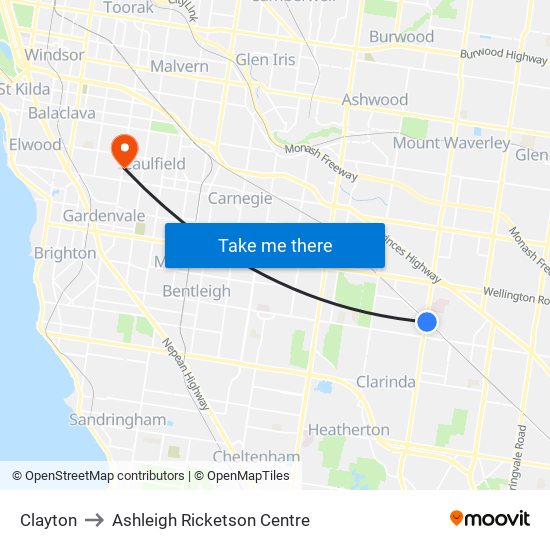 Clayton to Ashleigh Ricketson Centre map