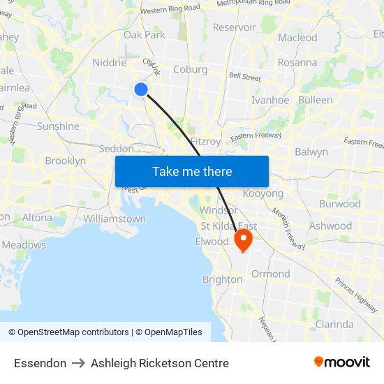 Essendon to Ashleigh Ricketson Centre map