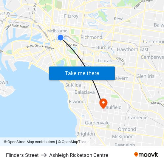 Flinders Street to Ashleigh Ricketson Centre map