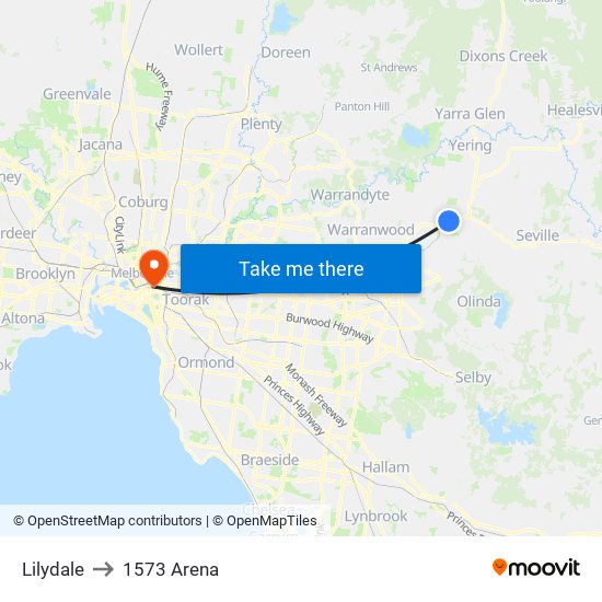 Lilydale to 1573 Arena map