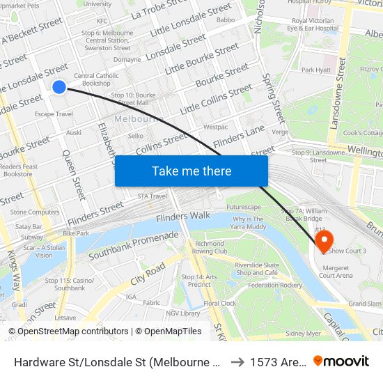 Hardware St/Lonsdale St (Melbourne City) to 1573 Arena map