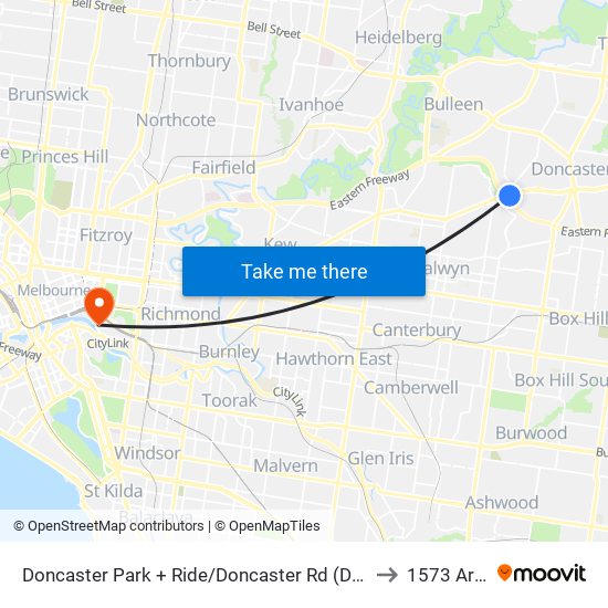 Doncaster Park + Ride/Doncaster Rd (Doncaster) to 1573 Arena map