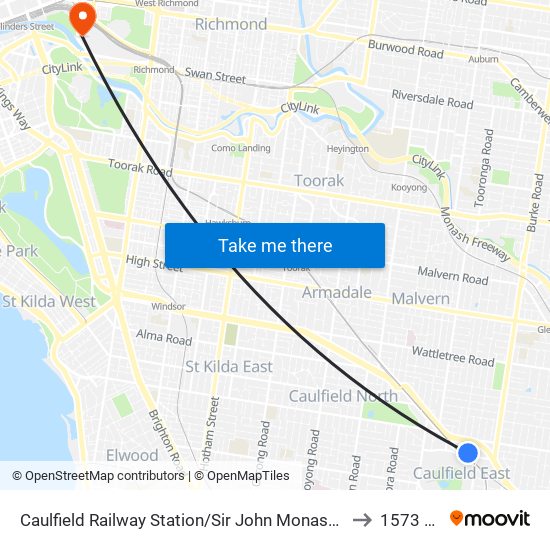 Caulfield Railway Station/Sir John Monash Dr (Caulfield East) to 1573 Arena map