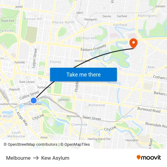 Melbourne to Kew Asylum map