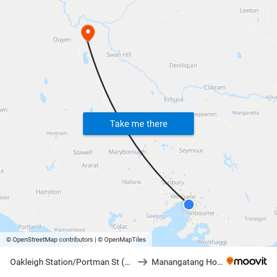 Oakleigh Station/Portman St (Oakleigh) to Manangatang Hospital map