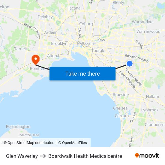 Glen Waverley to Boardwalk Health Medicalcentre map