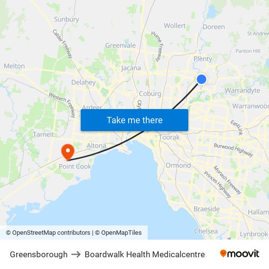 Greensborough to Boardwalk Health Medicalcentre map