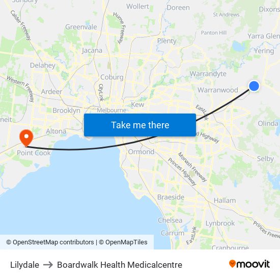 Lilydale to Boardwalk Health Medicalcentre map