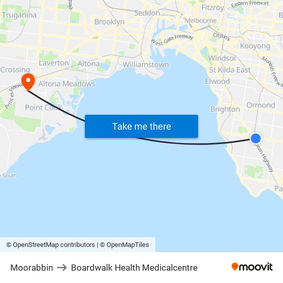 Moorabbin to Boardwalk Health Medicalcentre map