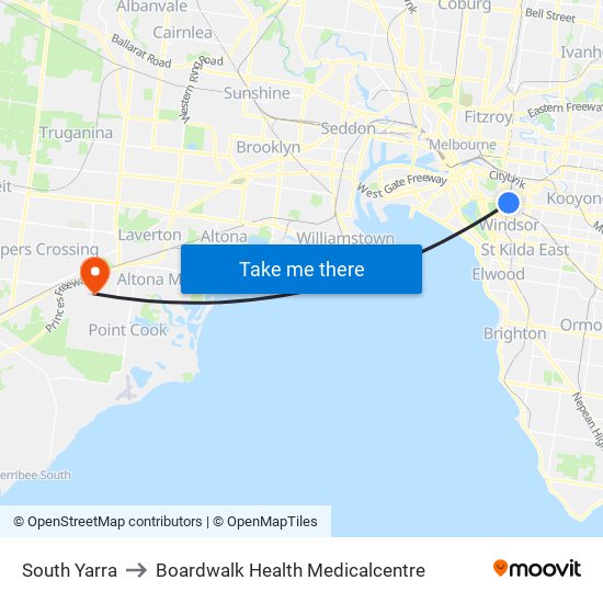 South Yarra to Boardwalk Health Medicalcentre map