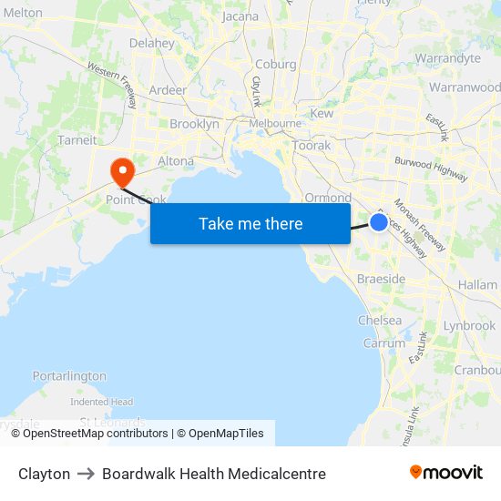 Clayton to Boardwalk Health Medicalcentre map