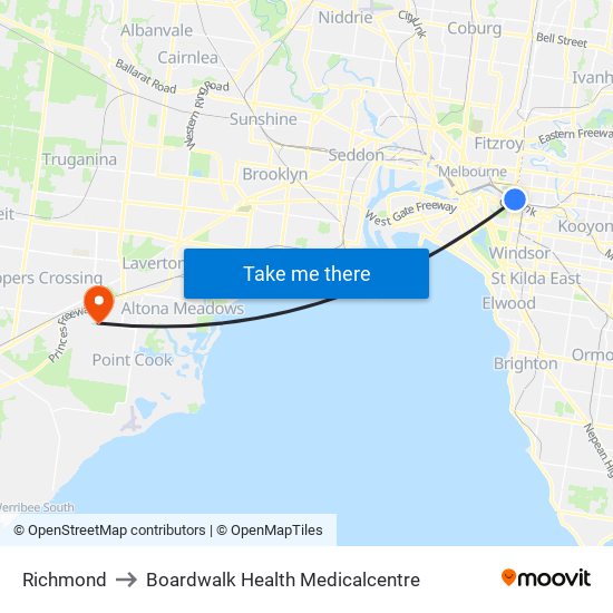 Richmond to Boardwalk Health Medicalcentre map