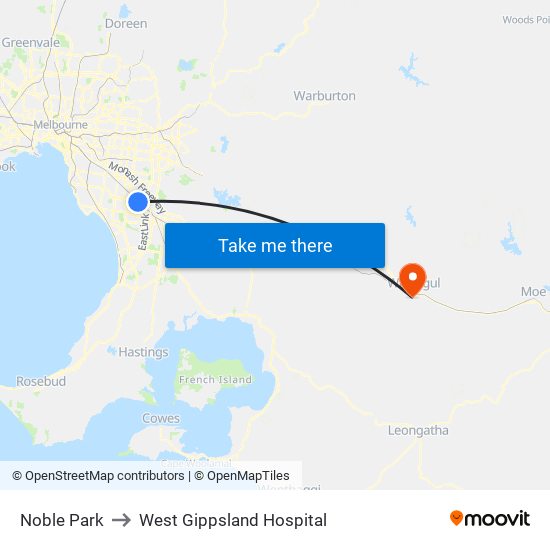 Noble Park to West Gippsland Hospital map