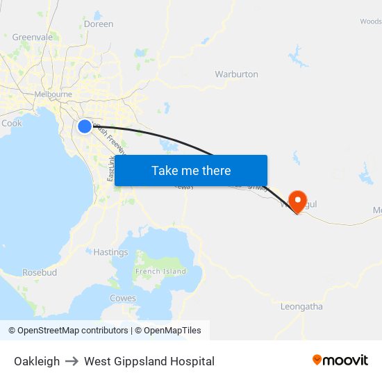 Oakleigh to West Gippsland Hospital map