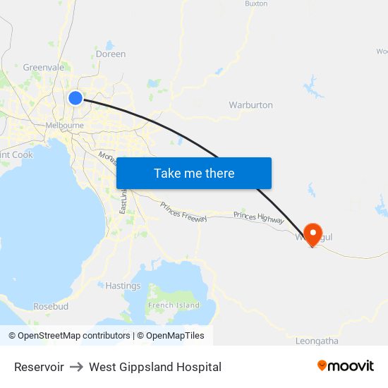 Reservoir to West Gippsland Hospital map