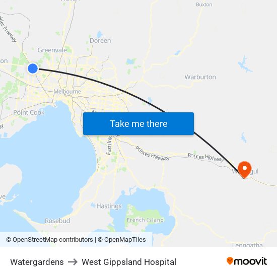 Watergardens to West Gippsland Hospital map