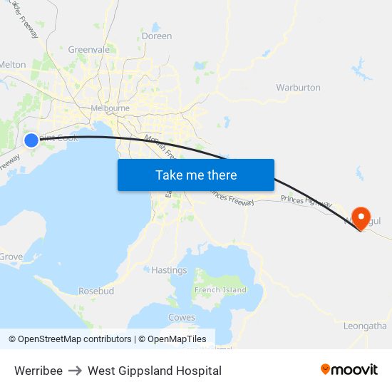 Werribee to West Gippsland Hospital map