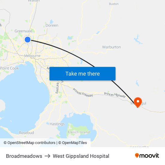 Broadmeadows to West Gippsland Hospital map