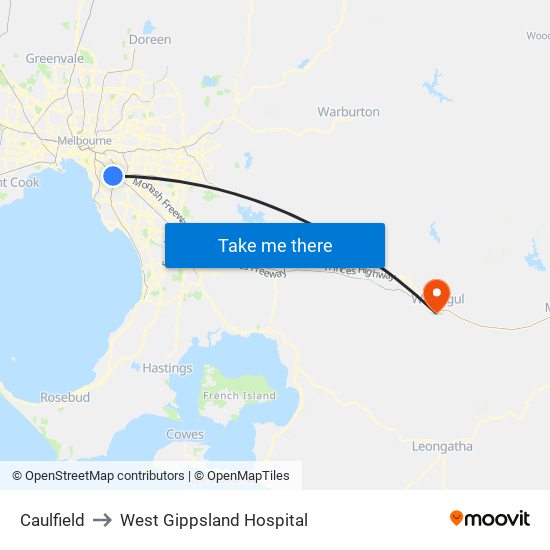Caulfield to West Gippsland Hospital map