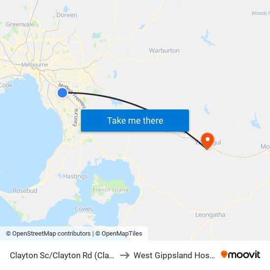 Clayton Sc/Clayton Rd (Clayton) to West Gippsland Hospital map