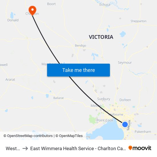 Westall to East Wimmera Health Service - Charlton Campus map