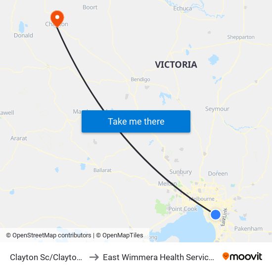 Clayton Sc/Clayton Rd (Clayton) to East Wimmera Health Service - Charlton Campus map