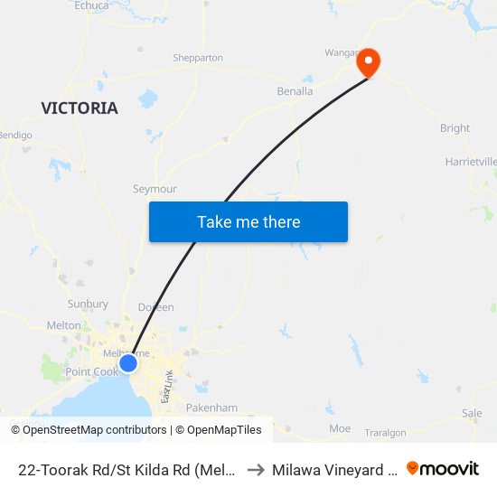 22-Toorak Rd/St Kilda Rd (Melbourne City) to Milawa Vineyard Airstrip map