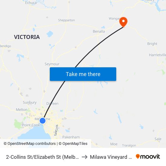 2-Collins St/Elizabeth St (Melbourne City) to Milawa Vineyard Airstrip map