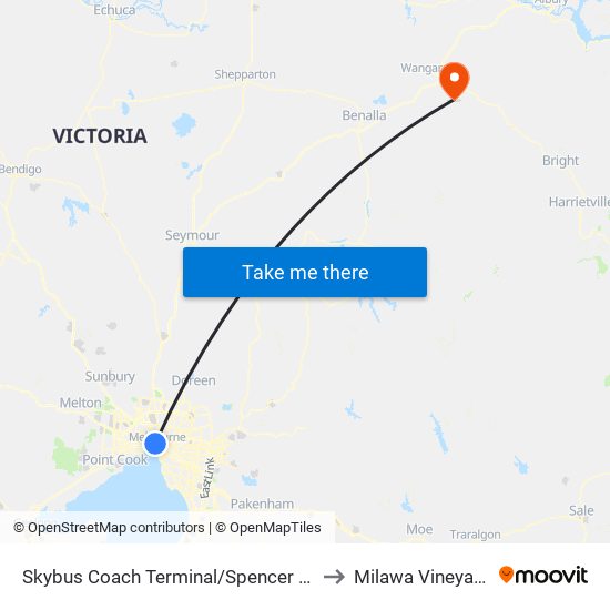 Skybus Coach Terminal/Spencer St (Melbourne City) to Milawa Vineyard Airstrip map