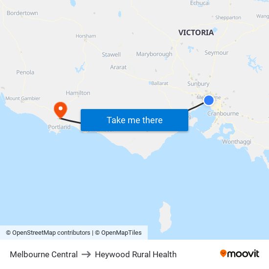 Melbourne Central to Heywood Rural Health map