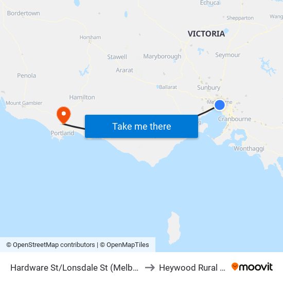 Hardware St/Lonsdale St (Melbourne City) to Heywood Rural Health map
