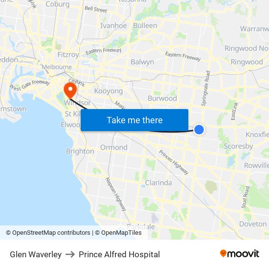 Glen Waverley to Prince Alfred Hospital map