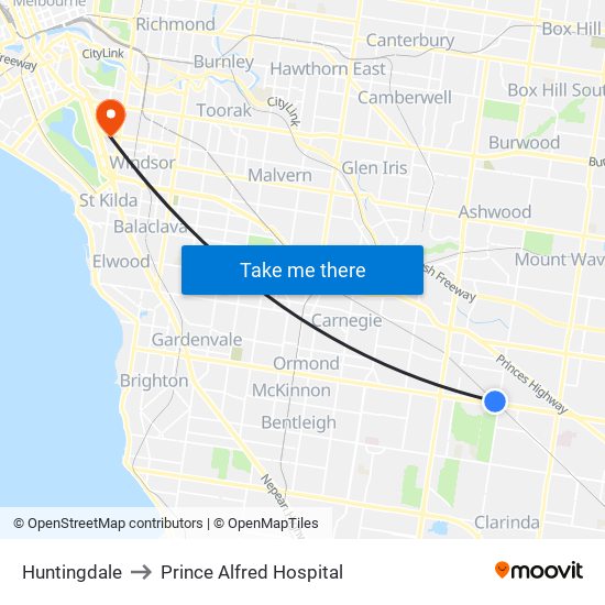 Huntingdale to Prince Alfred Hospital map