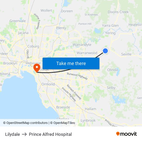 Lilydale to Prince Alfred Hospital map