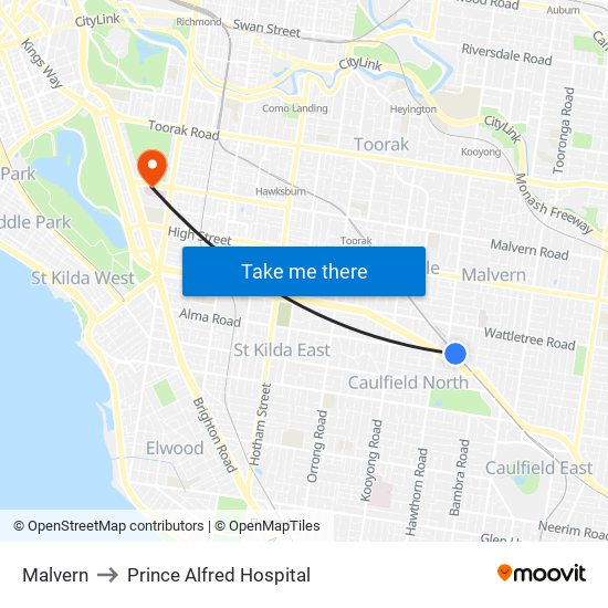 Malvern to Prince Alfred Hospital map