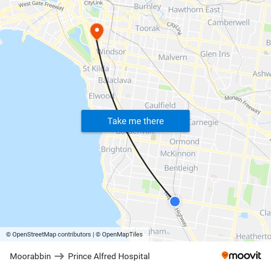 Moorabbin to Prince Alfred Hospital map