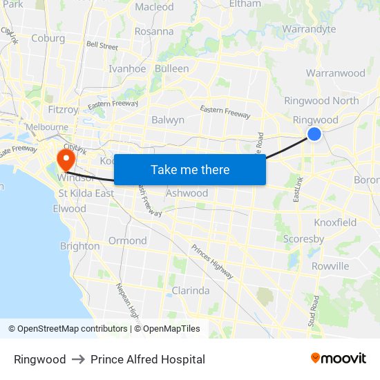 Ringwood to Prince Alfred Hospital map