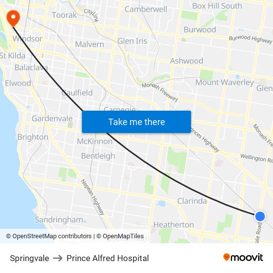 Springvale to Prince Alfred Hospital map