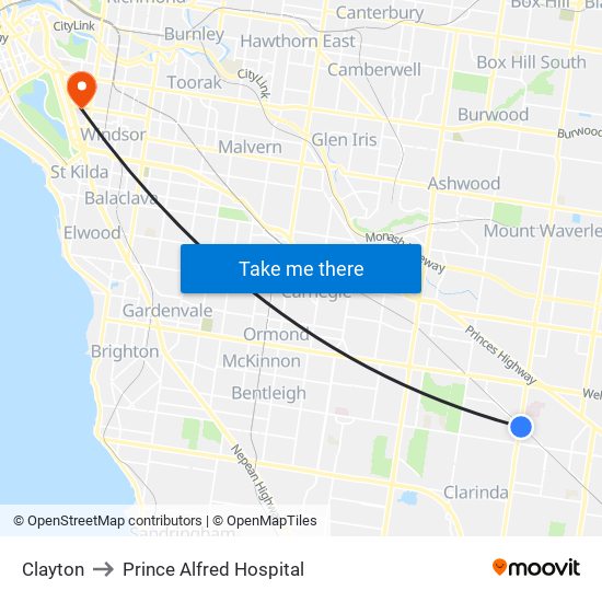 Clayton to Prince Alfred Hospital map