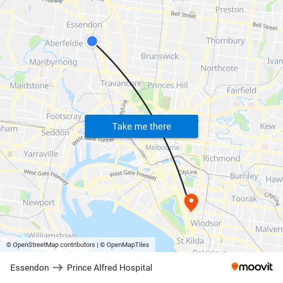 Essendon to Prince Alfred Hospital map