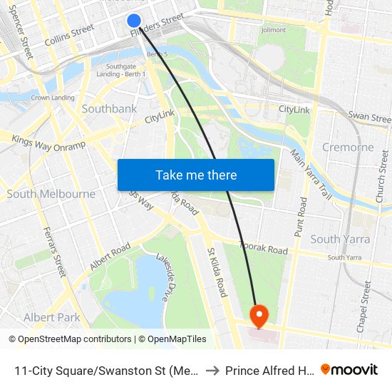 11-City Square/Swanston St (Melbourne City) to Prince Alfred Hospital map