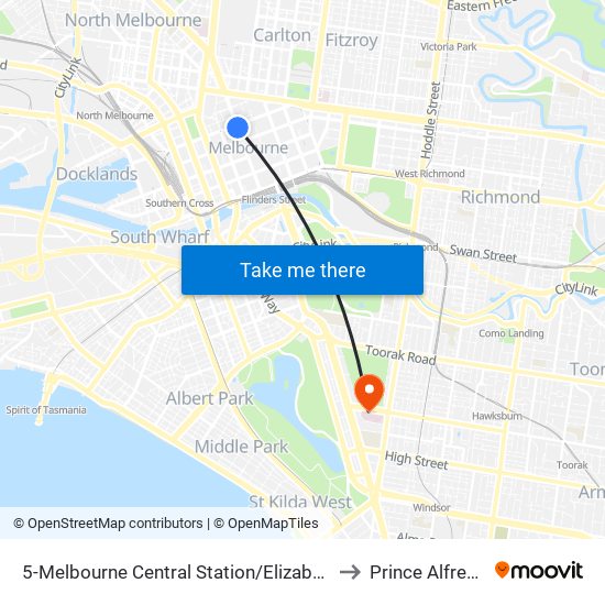 5-Melbourne Central Station/Elizabeth St (Melbourne City) to Prince Alfred Hospital map