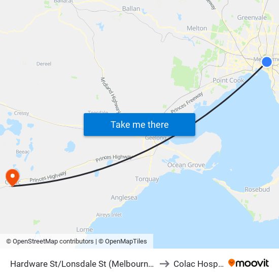 Hardware St/Lonsdale St (Melbourne City) to Colac Hospital map