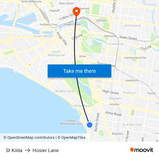 St Kilda to Hosier Lane map