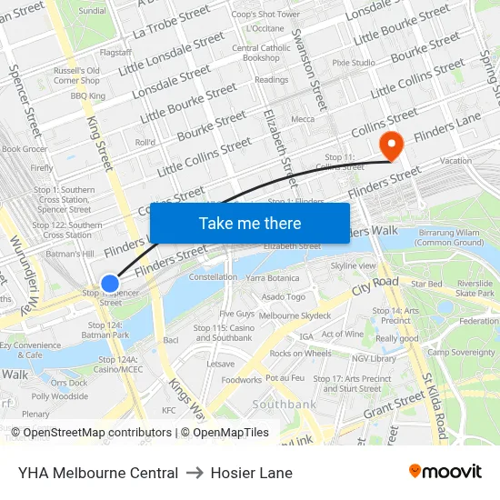 YHA Melbourne Central to Hosier Lane map